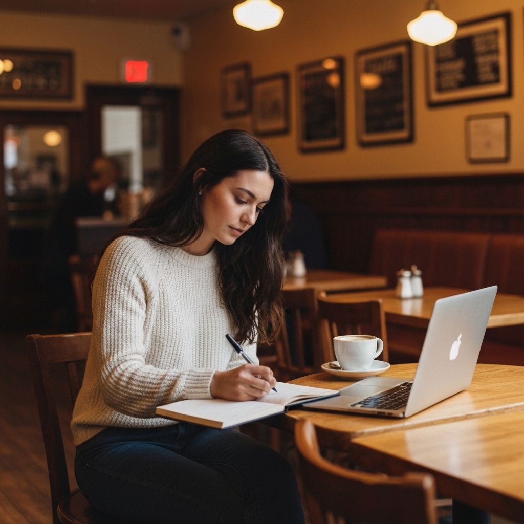 Author writing in coffee shop